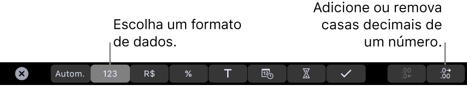 Touch Bar do MacBook Pro, com controles para escolher um formato de dados e adicionar ou remover casas decimais de um número.