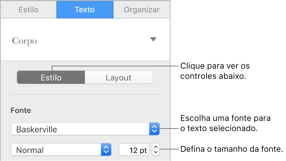 Controles de texto na seção Estilo da barra lateral Formatar para ajustar a fonte e o tamanho da fonte.
