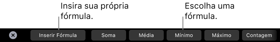 Touch Bar do MacBook Pro, com controles para inserir sua própria fórmula e escolher uma fórmula comumente usada.