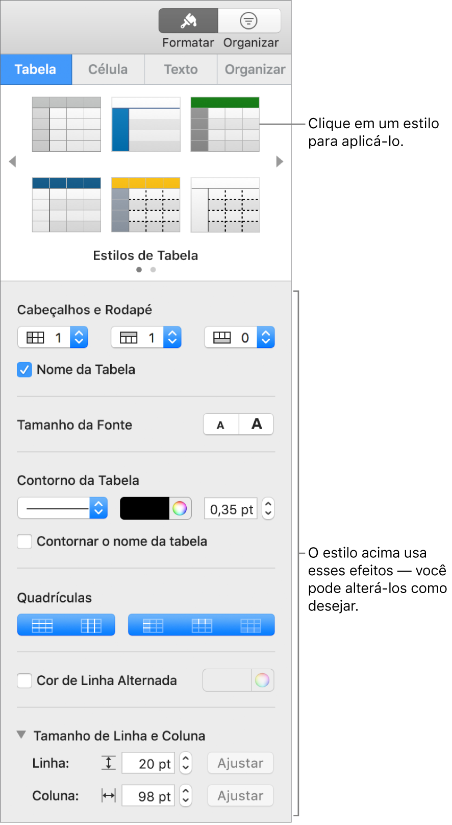 Barra lateral Formatar mostrando estilos de tabela e opções de formatação.