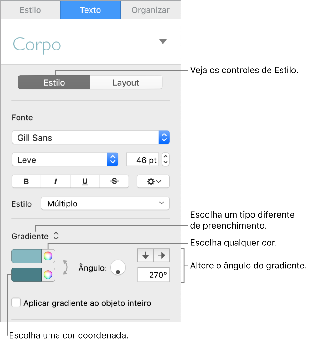 Barra lateral Texto, mostrando como alterar a cor do texto.