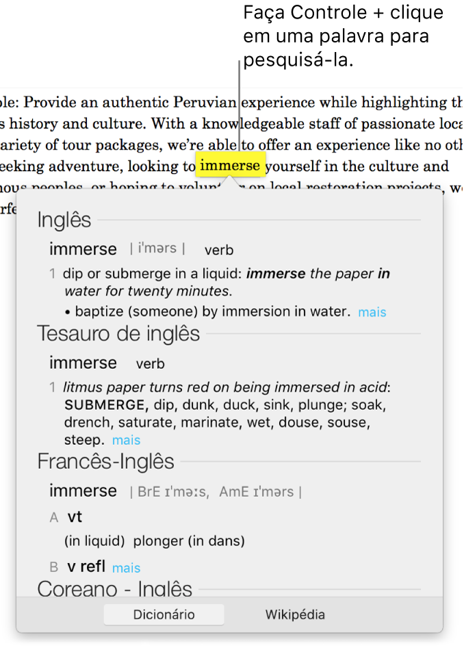 Texto com uma palavra destacada e uma janela mostrando sua definição e um resultado do tesauro. Os dois botões na parte inferior da janela fornecem links para o dicionário e para a Wikipédia.