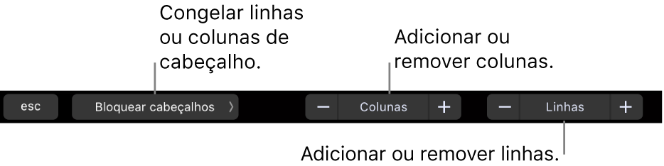 A Touch Bar do MacBook Pro com controlos para bloquear linhas e colunas de cabeçalho, adicionar ou remover colunas e adicionar ou remover linhas.