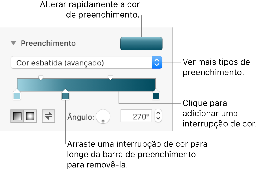 Controlos para preencher objetos com cores.