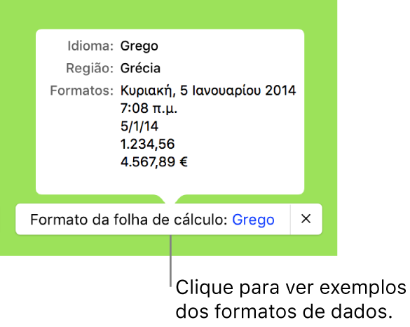 A notificação da definição diferente do idioma e região, apresentando exemplos da formatação nesse idioma e região.