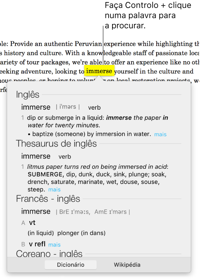 Texto com uma palavra realçada e uma janela a mostrar a respetiva definição e uma entrada do dicionário de sinónimos. Dois botões na parte inferior da janela fornecem hiperligações para o dicionário e a Wikipédia.