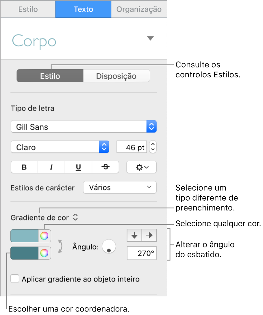 Barra lateral de texto, a mostrar como alterar a cor do texto.