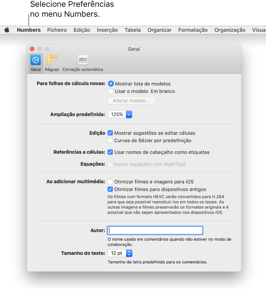 Caixa de diálogo de preferências do Numbers a mostrar o painel de definições Geral.