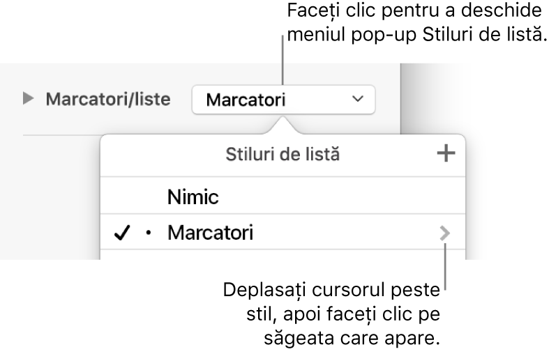 Meniul pop-up Stiluri de listă cu un stil selectat și o săgeată în extremitatea dreaptă.