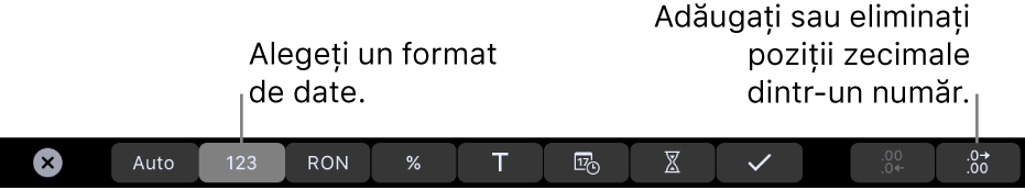 Bara Touch Bar de pe MacBook Pro cu comenzi pentru alegerea formatării datelor și adăugarea sau eliminarea pozițiilor zecimale dintr-un număr.