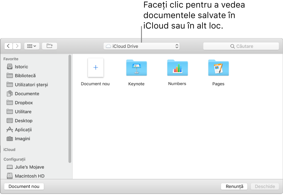 Dialogul Deschide cu bara laterală deschisă în stânga și iCloud Drive selectat în meniul pop-up din partea de sus. Dosarele pentru Keynote, Numbers și Pages apar în dialog împreună cu un buton Document nou.