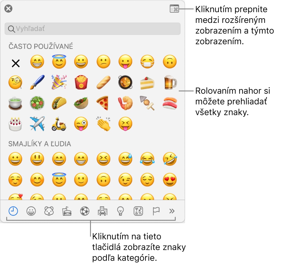 Vyskakovacie okno Špeciálne znaky obsahujúce emotikony, tlačidlá rôznych typov symbolov v dolnej časti a výzvu pre tlačidlo na zobrazenie celého okna Znaky.