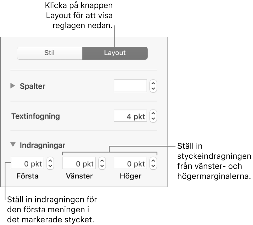 Avsnittet Layout i formatsidofältet med reglage för att ställa in första radens indrag och styckemarginaler.