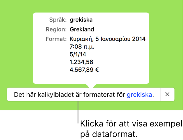 Meddelandet om olika språk- och regioninställningar samt exempel på formatering för det andra språket och den andra regionen.