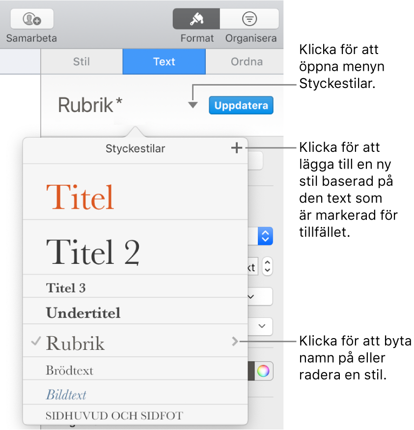 Menyn Styckestilar med reglage för att lägga till eller ändra en stil.