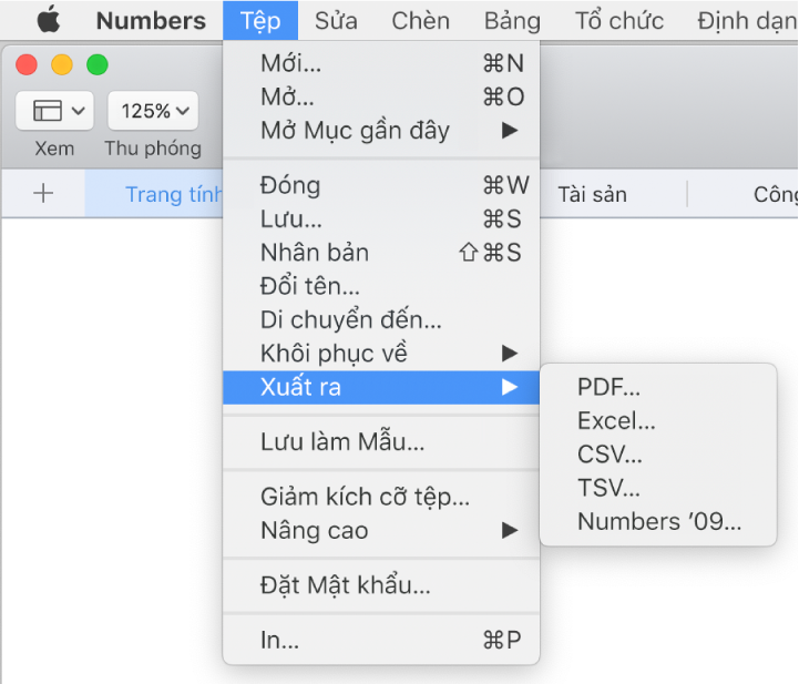 Menu Tệp mở với Xuất ra được chọn, với menu con đang hiển thị các tùy chọn xuất cho PDF, Excel, CSV và Numbers ’09.