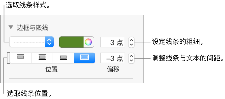 更改线条样式、粗细、位置和颜色的控制。