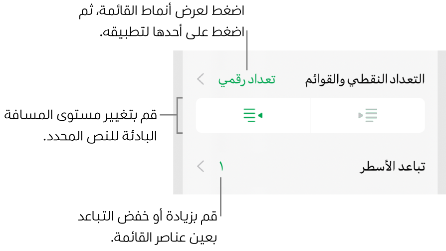 قسم التعداد النقطي والقوائم في عناصر التحكم في التنسيق مع وسائل شرح للتعداد النقطي والقوائم وزرا مسافة بادئة يسار ومسافة بادئة يمين وعناصر التحكم في تباعد الأسطر.