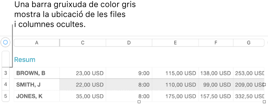 Una barra gruixuda de color gris que mostra la ubicació de les files i columnes ocultes