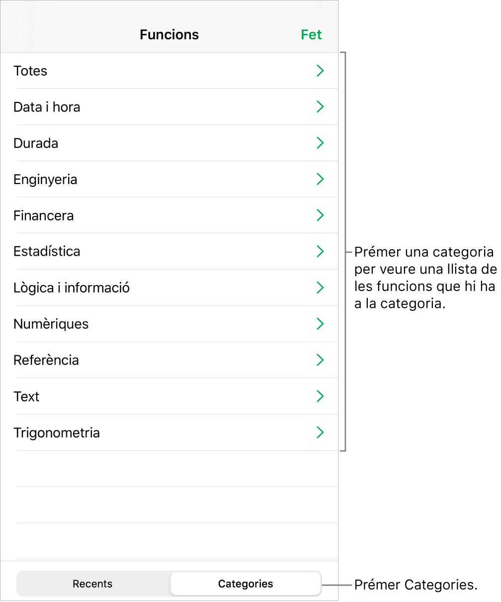 Explorador de funcions amb una crida al botó Categories i la llista de categories.