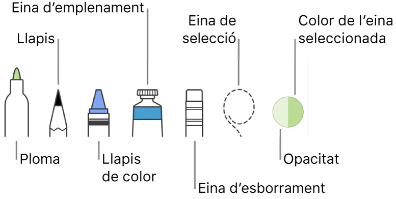 Les eines de dibuix, amb una ploma, un llapis, un llapis de colors, l’eina d’emplenament, l’eina d’esborrament, l’eina de selecció i la paleta que mostra el color actual.