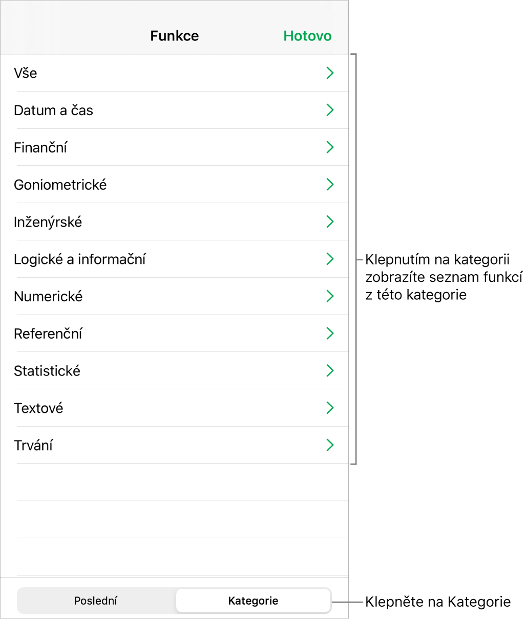 Prohlížeč funkcí s vybraným tlačítkem Kategorie a seznamem kategorií pod ním