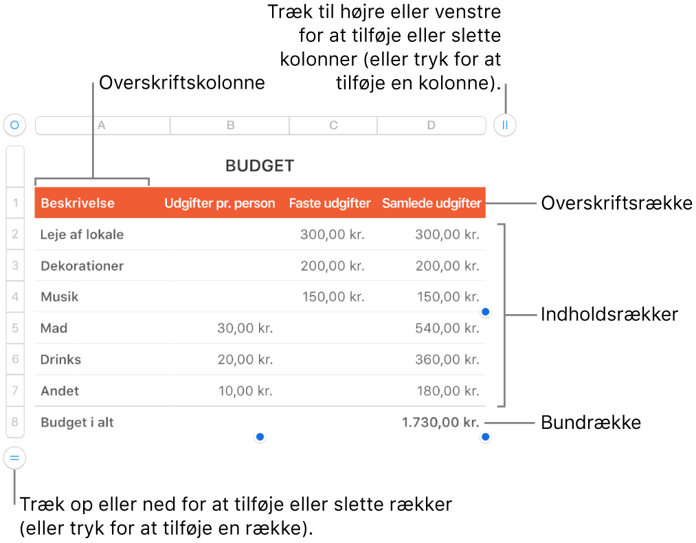 En tabel med overskrifts-, indholds- og bundrækker og -kolonner og håndtag til tilføjelse eller sletning af rækker eller kolonner.