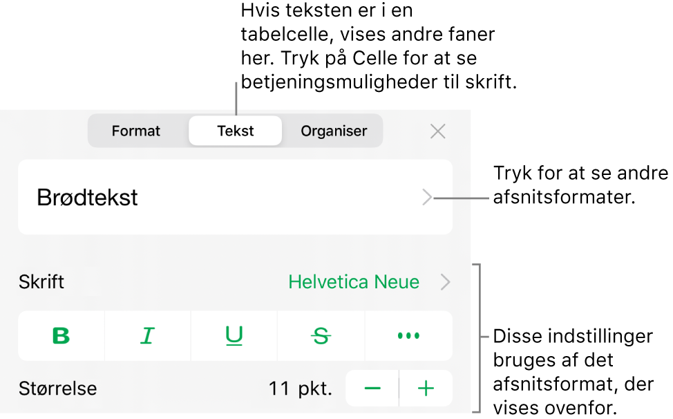 Menuen Format, der viser betjeningsmuligheder til tekst til indstilling af afsnits- og tegnformater, skrift, størrelse og farve.