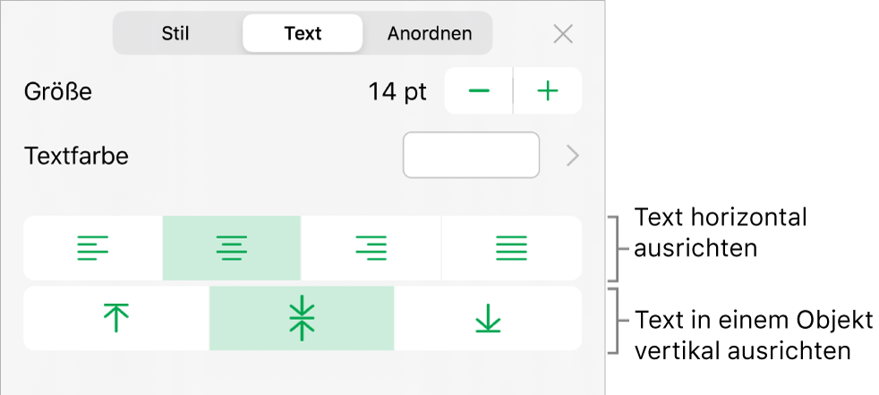 Der Abschnitt „Layout“ im Informationsfenster „Format“ mit Bezugslinien zu den Ausrichtungstasten und zu den Abstandstasten für Text.