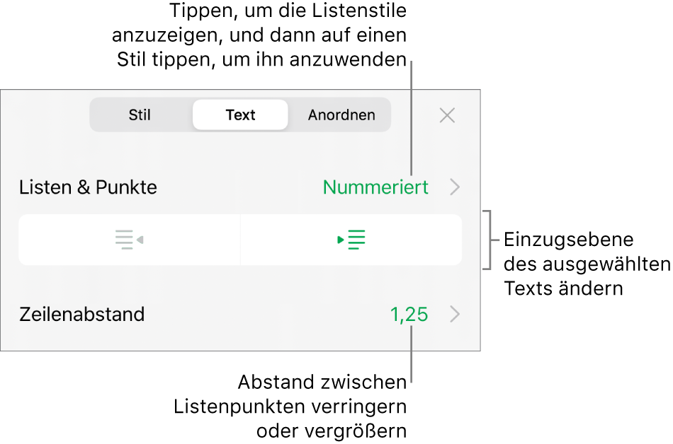 Die Formatsteuerungen mit Beschreibungen für das Menü „Listen & Punkte“, Einzugstasten und Steuerelemente für den Zeilenabstand