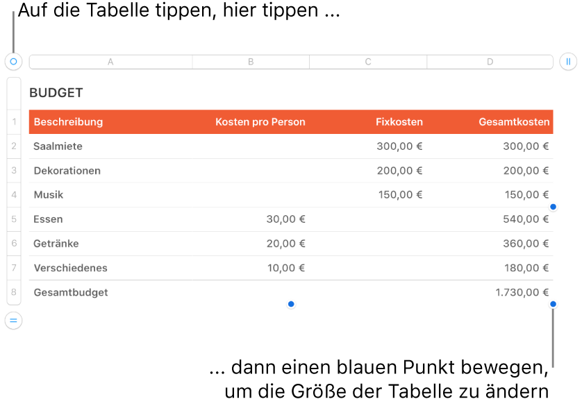 Eine ausgewählte Tabelle mit blauen Punkten zum Ändern der Größe