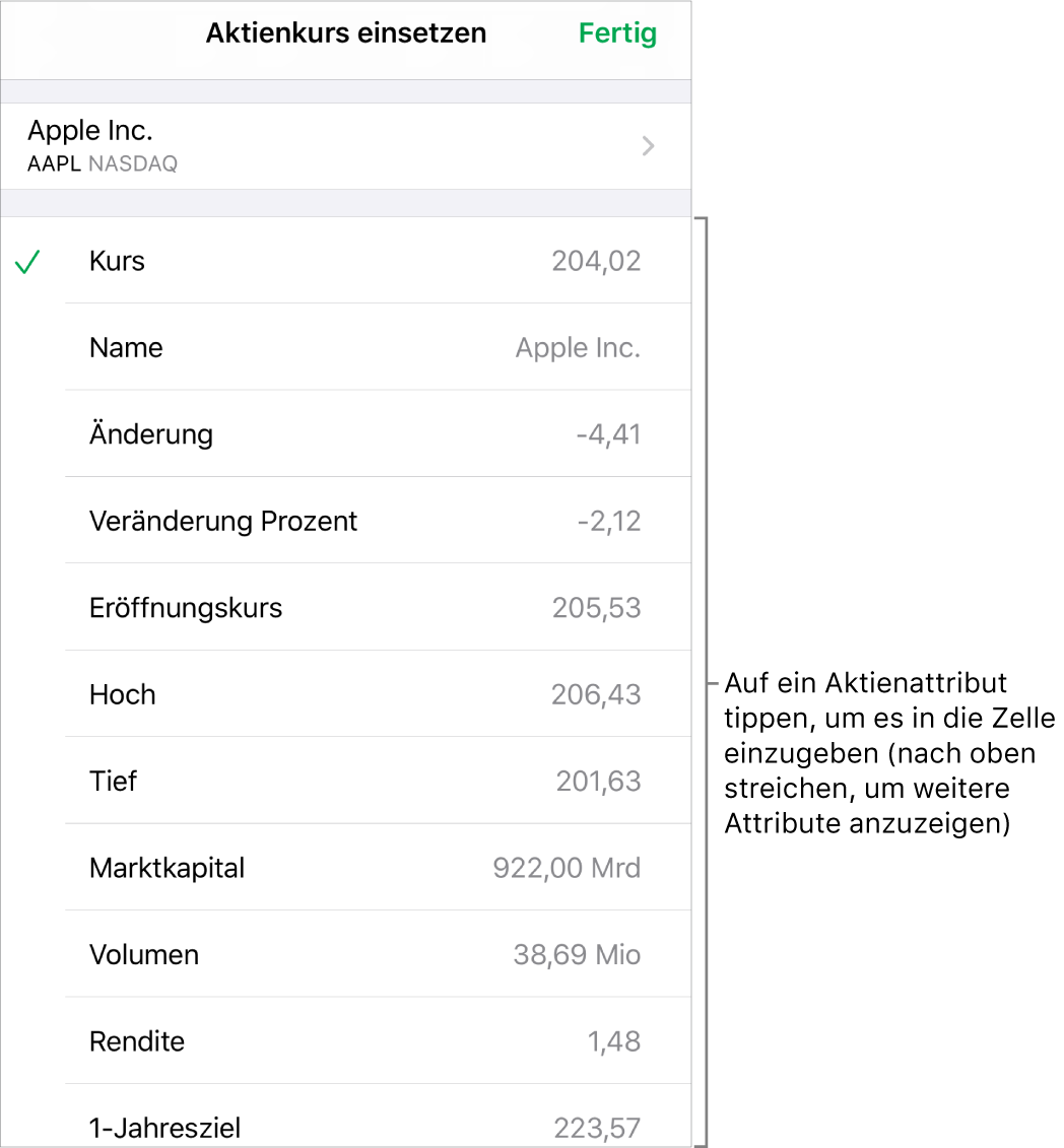 Das Popover „Aktienkurs“ mit dem Aktiennamen oben und den auswählbaren Aktienattributen, darunter aufgelistet sind u. a. der Kurs, der Name, die absolute und die prozentuale Änderung und der Eröffnungskurs.