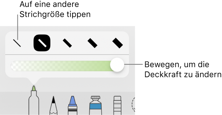 Steuerelemente zum Auswählen einer Strichstärke und ein Schieberegler zum Anpassen der Deckkraft