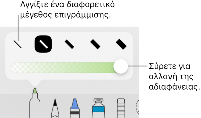 Χειριστήρια για επιλογή μεγέθους επιγράμμισης και ρυθμιστικό για προσαρμογή της αδιαφάνειας.