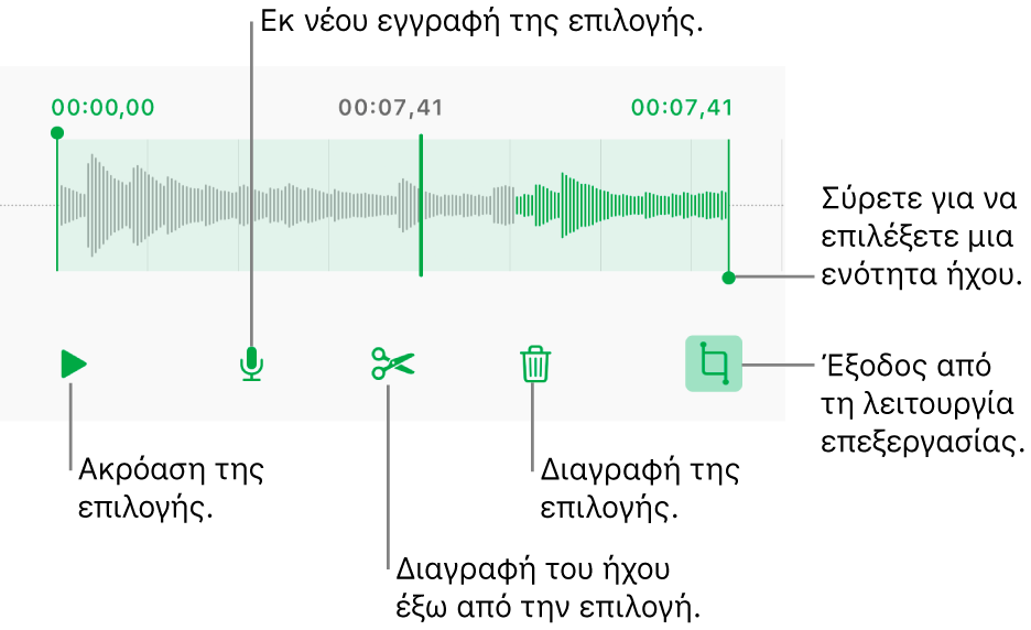 Χειριστήρια για επεξεργασία ήχου εγγραφής. Λαβές που υποδεικνύουν την επιλεγμένη ενότητα της εγγραφής και τα κουμπιά «Προεπισκόπηση», «Περικοπή», «Διαγραφή» και «Επεξεργασία» από κάτω.