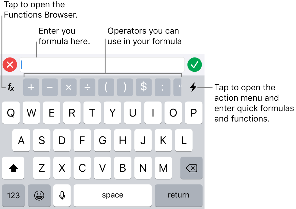 The formula keyboard, with the formula editor at the top and the operators used in formulas below it. The Functions button for opening the Functions Browser is to the left of the operators, and the Action menu button is to the right.