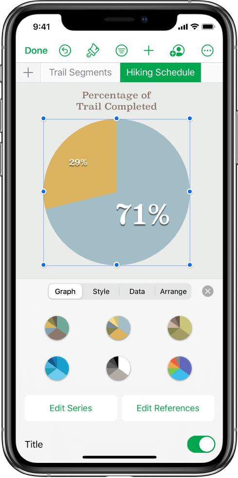 A pie graph showing percentages of tracks completed. The Format menu is also open, showing different graph styles to choose from, as well as options to edit the series or graph references, and turn the graph title on or off.