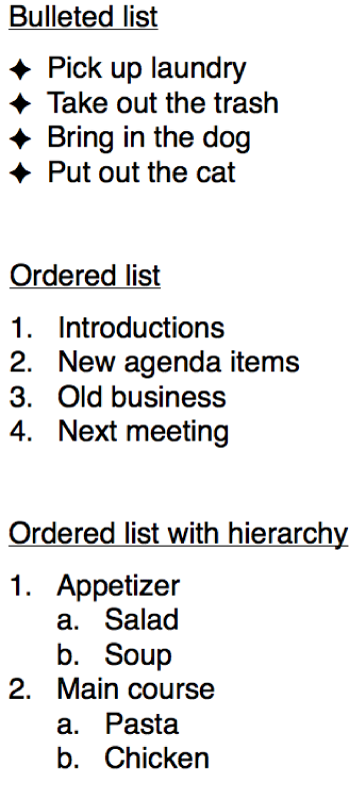 Examples of bulleted, ordered and ordered with hierarchy lists.