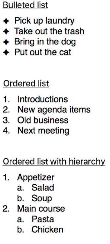 Examples of bulleted, ordered, and ordered with hierarchy lists.