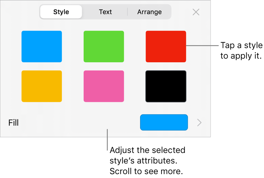 The Style tab of the Format menu with shape styles at the top and a fill colour well below.