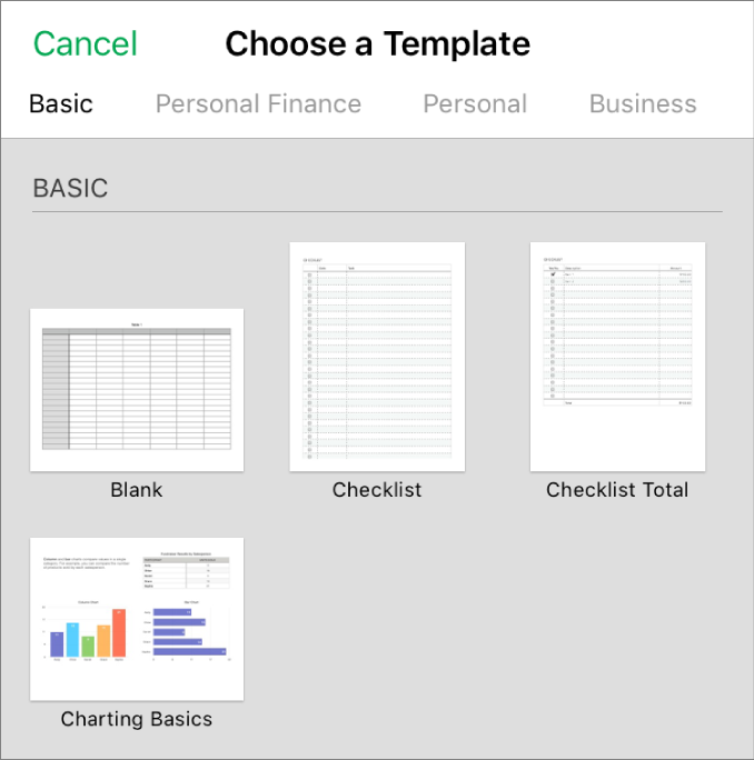 The template chooser, showing thumbnails of predesigned templates you can use as a starting point for creating spreadsheets.