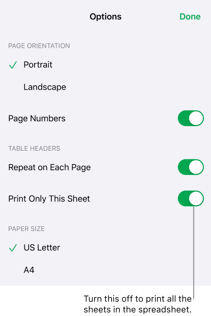 Printing options for choosing page orientation, showing page numbers and headers, and choosing paper size and which pages to print.