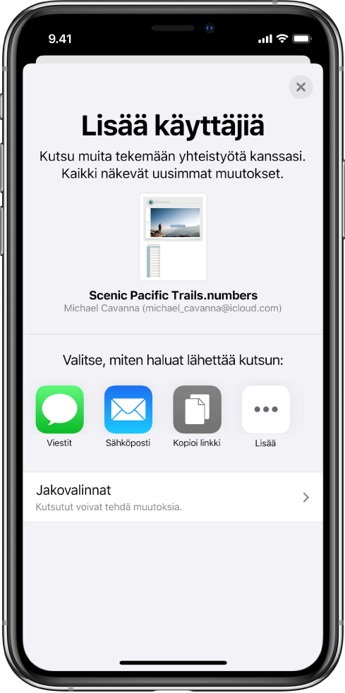 Lisää ihmisiä -näytöllä näkyy kuva dokumentista, jota ollaan jakamassa. Alapuolella on painikkeita kutsun lähettämiseen. Vaihtoehtoina ovat muun muassa Viestit, Mail ja Kopioi linkki. Alareunassa on Jakovalinnat-painike.