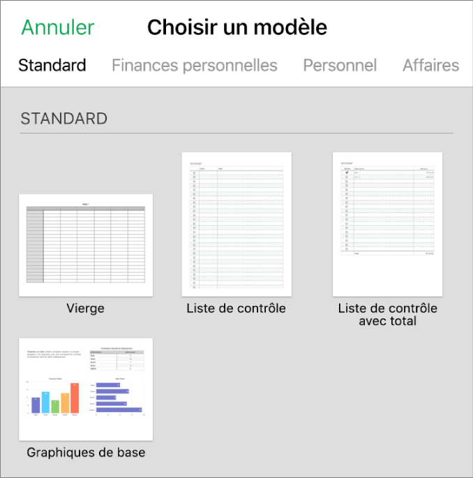 Sélecteur de modèles affichant les vignettes des modèles prédéfinis que vous pouvez utiliser comme point de départ pour vos feuilles de calcul.