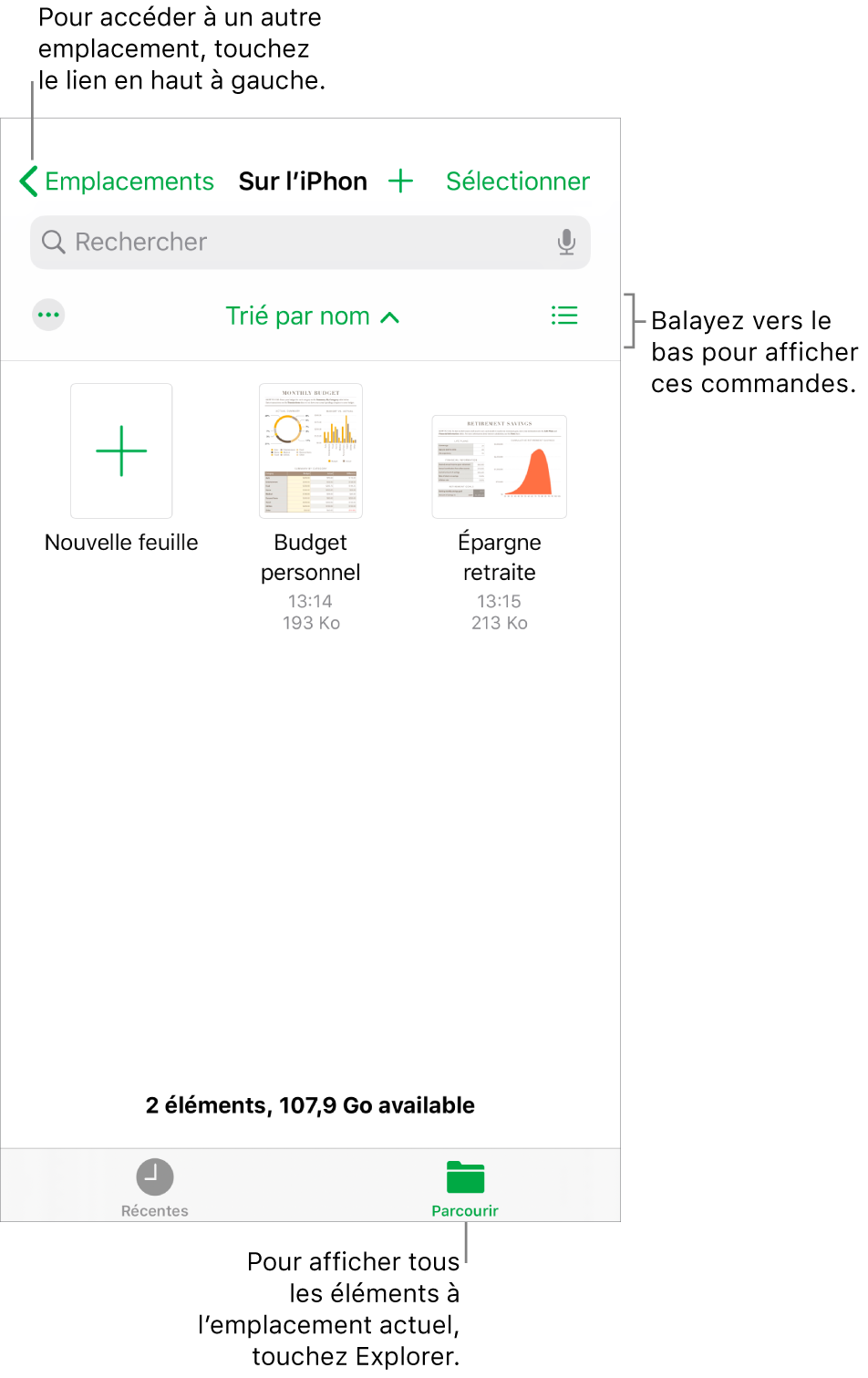 La présentation de navigation du gestionnaire de feuilles de calcul ainsi qu’un lien d’emplacement se trouvent dans le coin supérieur gauche, et un champ de recherche se trouve en dessous. Dans une rangée au-dessous de Recherche, vous trouverez un bouton pour ajouter un dossier; un menu contextuel pour rechercher par nom de dossier, date, taille ou balises; et un bouton pour passer de l’affichage des icônes à l’affichage des listes. En dessous se trouve un bouton Nouvelle feuille, situé à côté des vignettes des feuilles de calcul existantes. Au bas de l’écran se trouvent les boutons Récents et Parcourir.