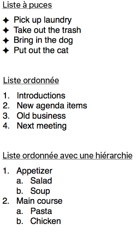 Exemples de listes à puces, ordonnées et ordonnées avec listes hiérarchiques.