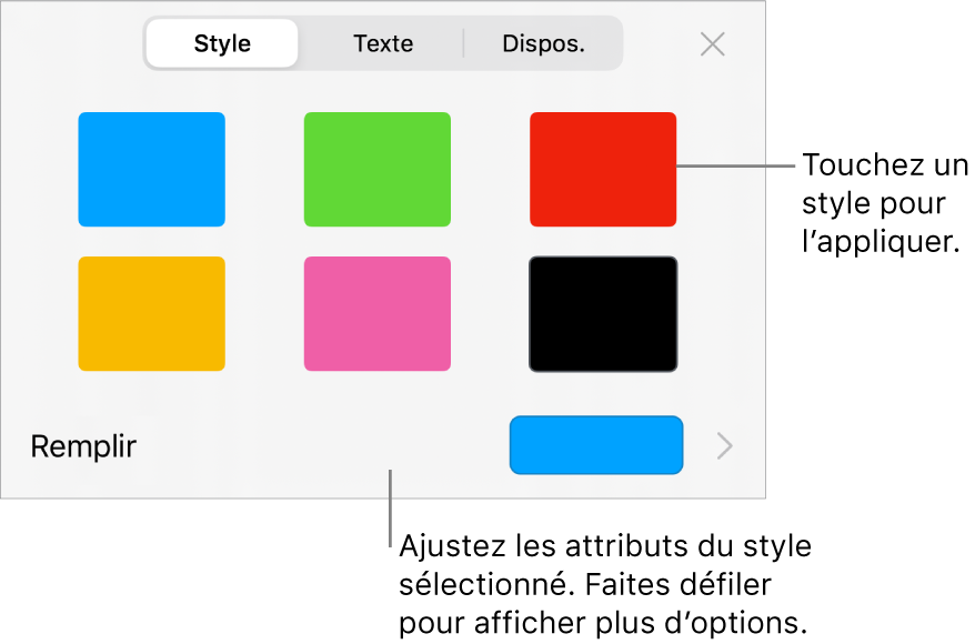 L’onglet Style du menu Format avec les styles de figure en haut et un cadre de couleur de remplissage au-dessous.