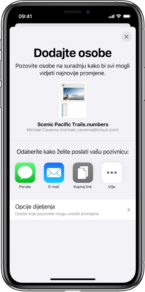 Zaslon Dodaj osobe prikazuje sliku dokumenta koji se dijeli. Ispod njega nalaze se tipke za načine slanja pozivnice, uključujući Poruke i Mail, Kopiraj link i Ostalo. Na dnu se nalazi tipka Opcije dijeljenja.
