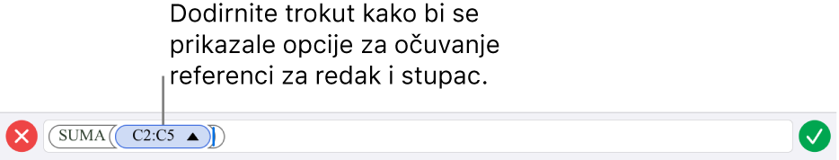 Urednik formula prikazuje kako se može sačuvati reference retka i stupca kad se ćelija kopira ili premjesti.