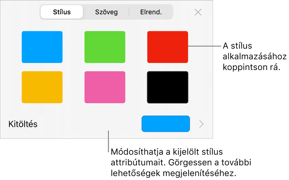 A Formátum menü Stílus lapja, felül az alakzatstílusokkal, alattuk pedig egy kitöltési színrekesszel.